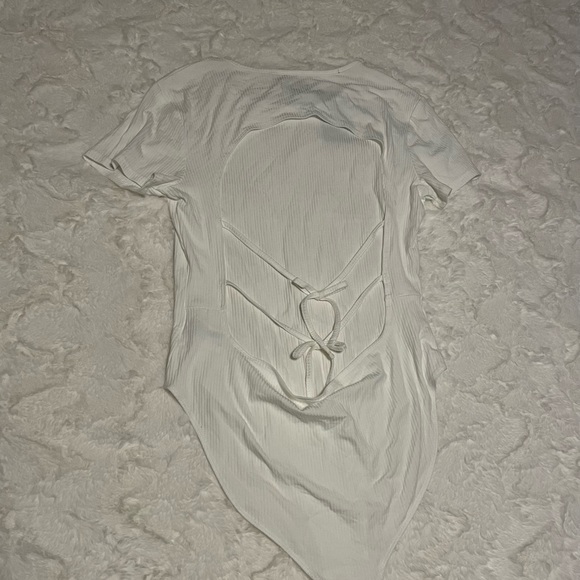 White, Ribbed, Crew Neck Bodysuit. Open Tie Back-White, -Wild Fable - Picture 5 of 5